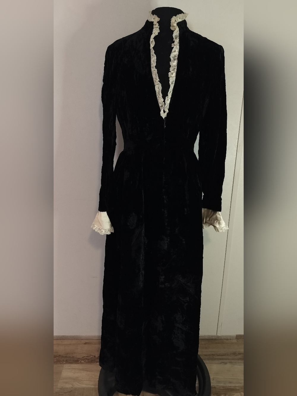 Victorian-Style Long Sleeve Black Velvet Maxi Dress with Ivory Ruffle Trim
